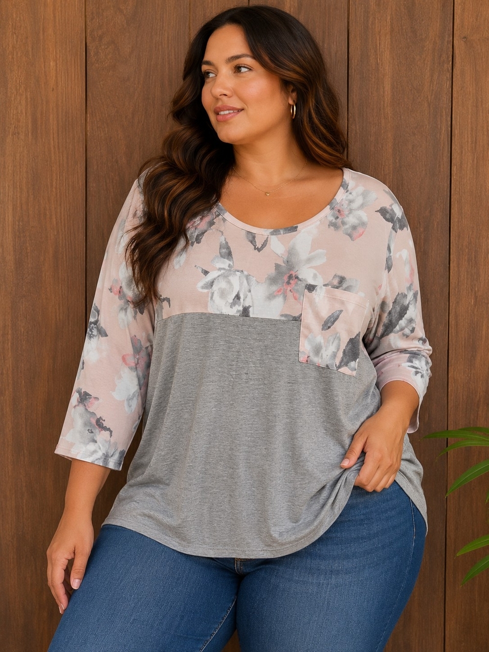 Acting Pro Floral Colorblock Scoop Neck Top - Blush & Gray XL